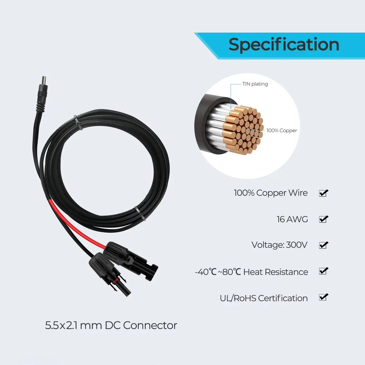 10Ft 16AWG Solar Connector to 5.5x2.1mm DC Connector Adapter Cable - Image 2