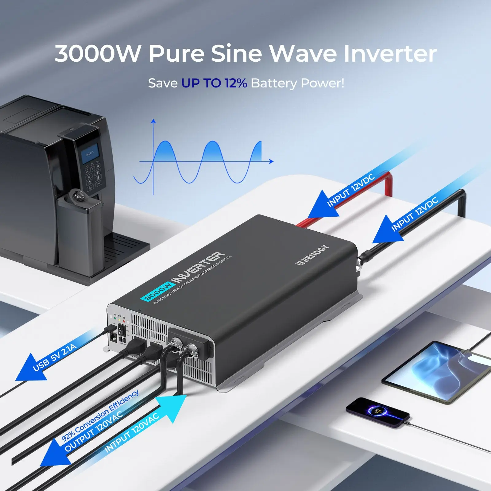 3000W/2000W/1000W 12V Pure Sine Wave Inverter with UPS Transfer Switch - Image 5